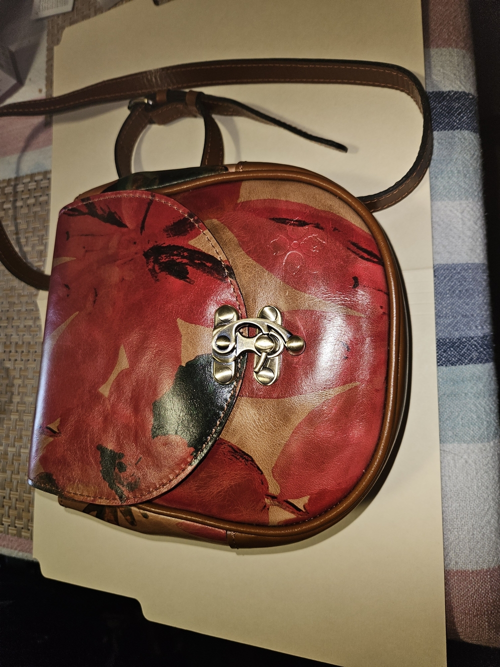 Patricia Nash Red Floral Leather Crossbody with Brown Trim